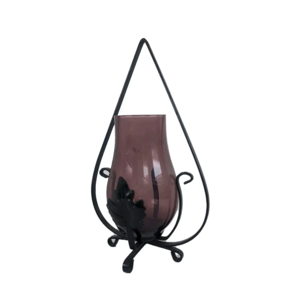 Black Metal Hanging Candle Holder W/Purple Glass Hurricane Footed Vintage Boho